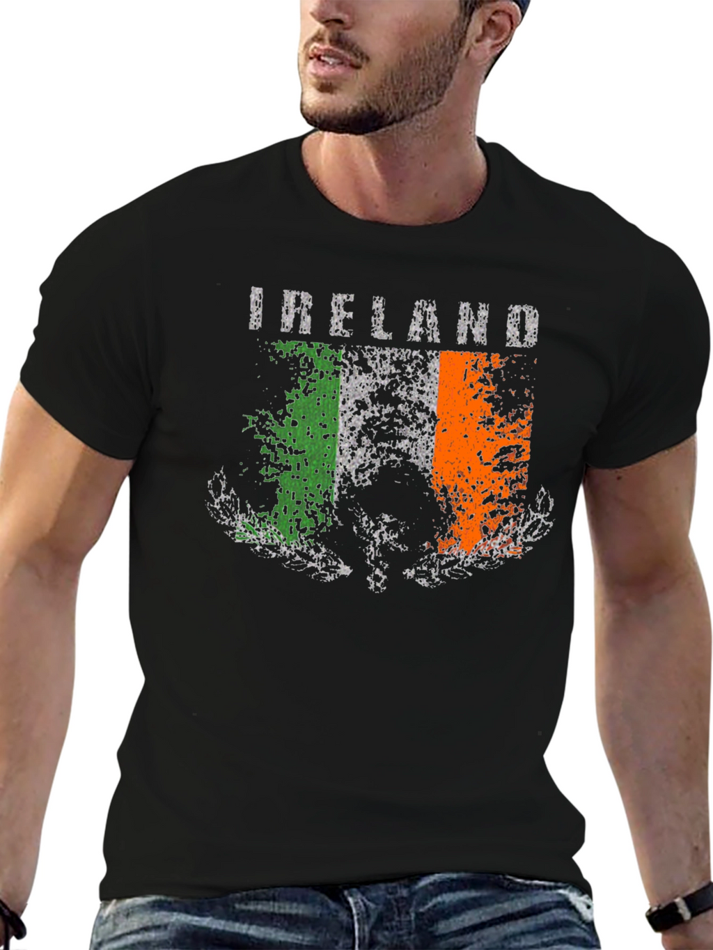 Distressed Ireland Flag Graphic Tee - Black Cotton T-Shirt