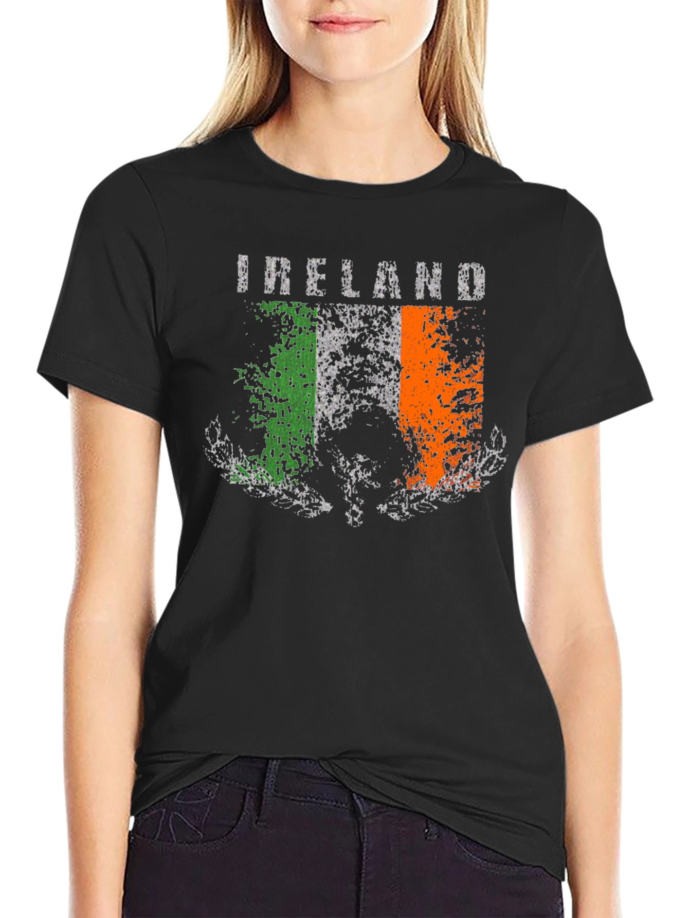 Distressed Ireland Flag Graphic Tee - Black Cotton T-Shirt