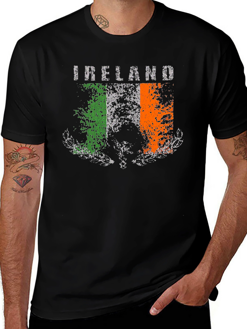 Distressed Ireland Flag Graphic Tee - Black Cotton T-Shirt