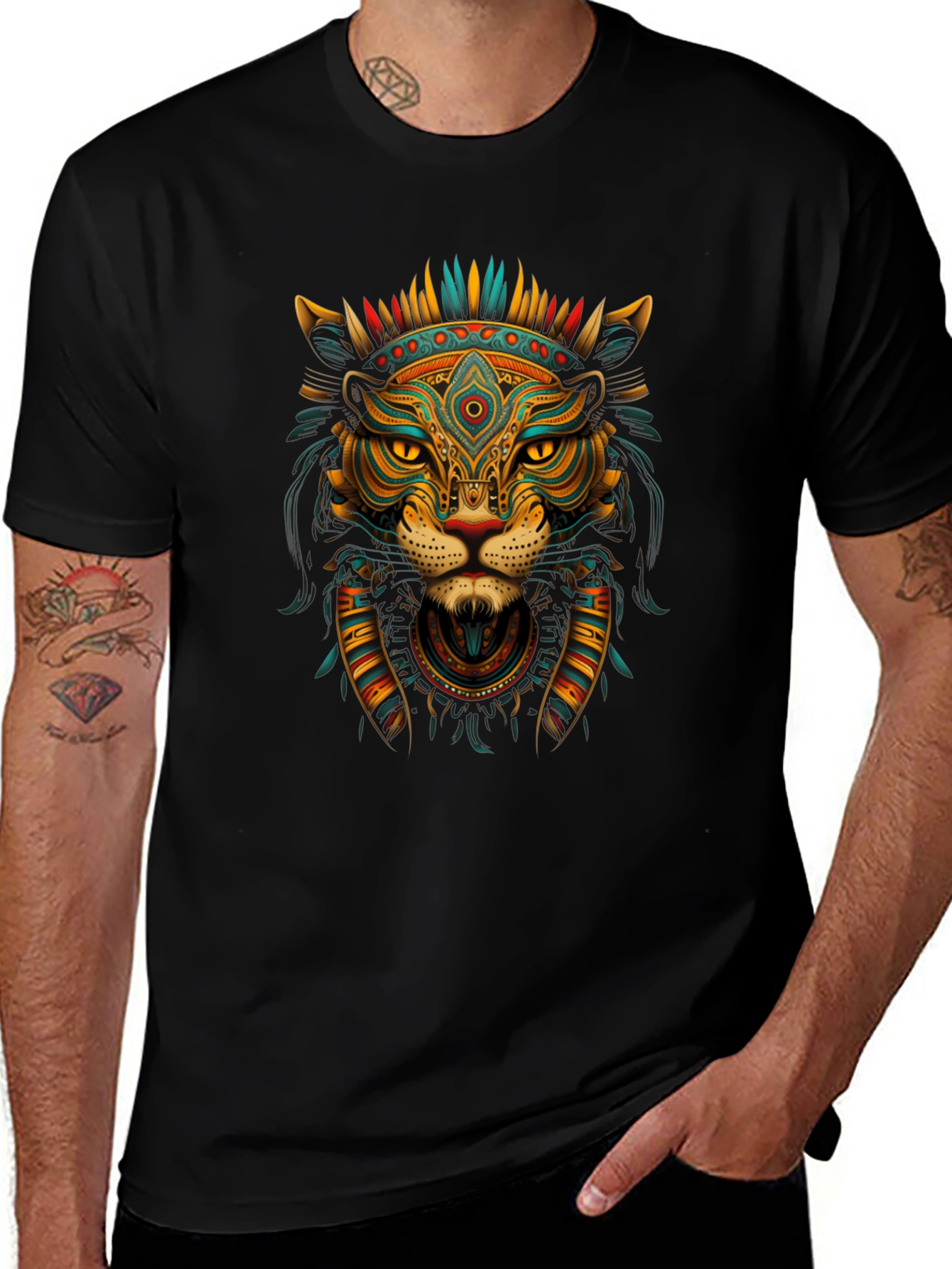 Aztec Lion Graphic Tee - Black Crew Neck T-Shirt