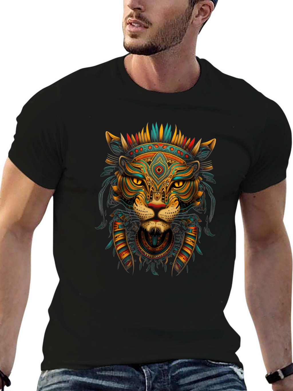 Aztec Lion Graphic Tee - Black Crew Neck T-Shirt