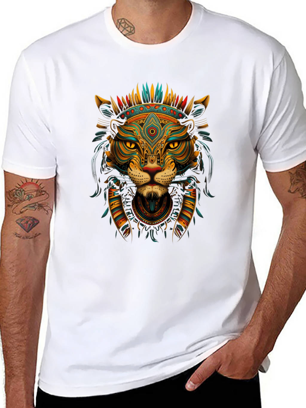 Aztec Lion Graphic Tee - Black Crew Neck T-Shirt