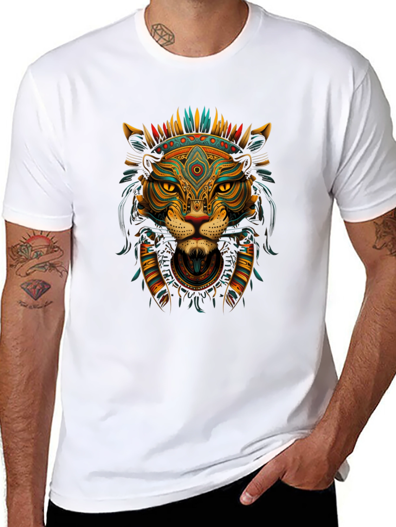 Aztec Lion Graphic Tee - Black Crew Neck T-Shirt