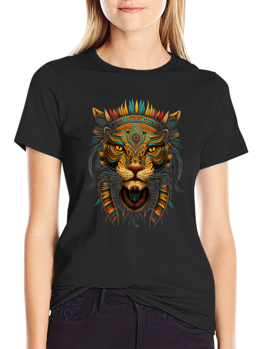 Aztec Lion Graphic Tee - Black Crew Neck T-Shirt