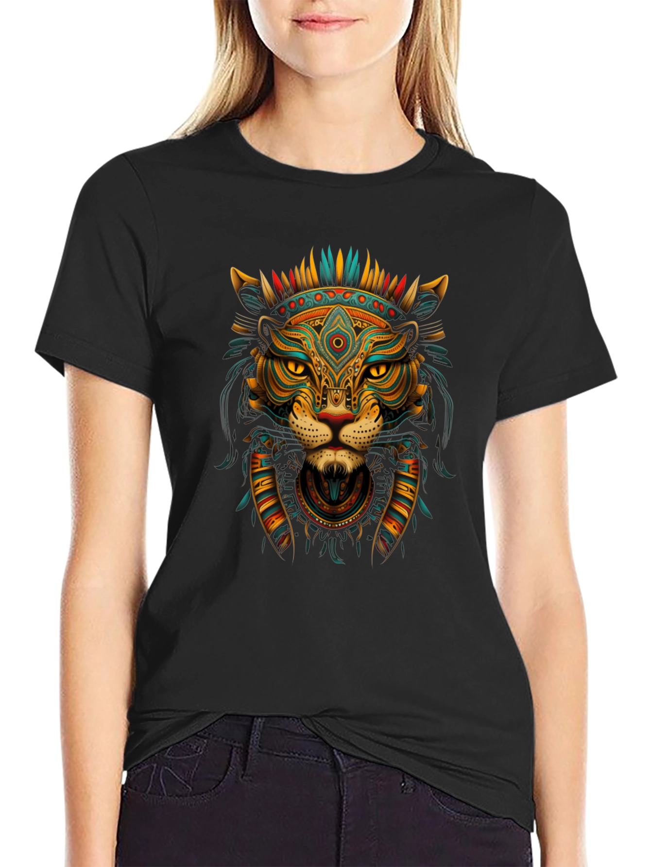 Aztec Lion Graphic Tee - Black Crew Neck T-Shirt