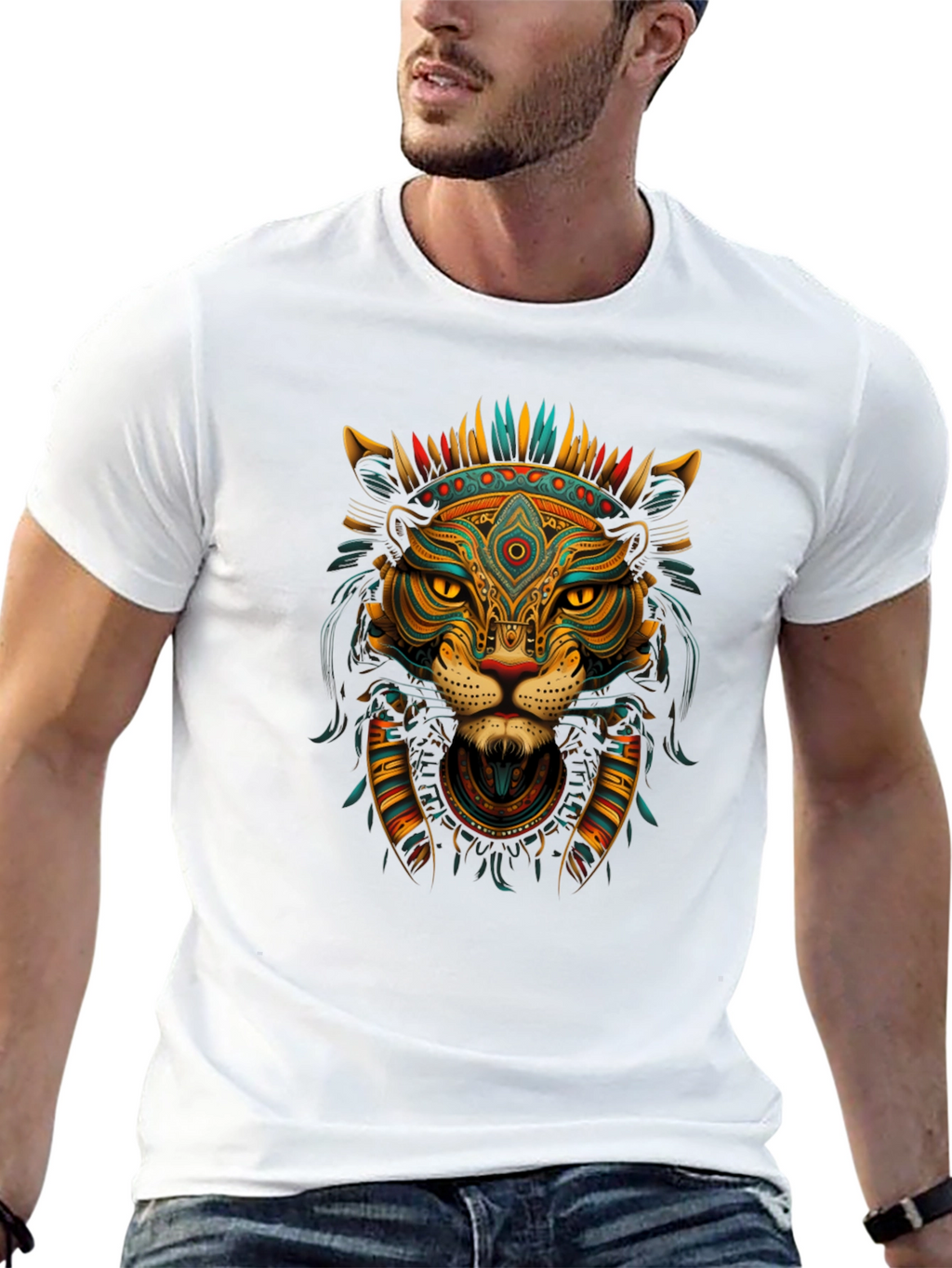 Aztec Lion Graphic Tee - Black Crew Neck T-Shirt