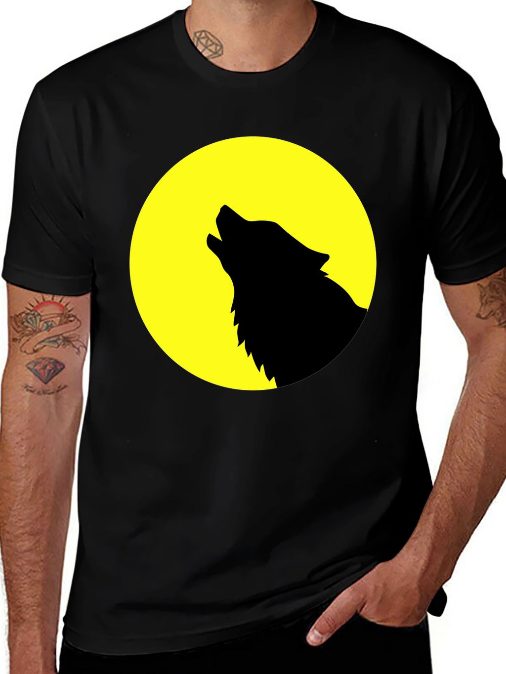 Wolf Howling at Moon Graphic T-Shirt - Black