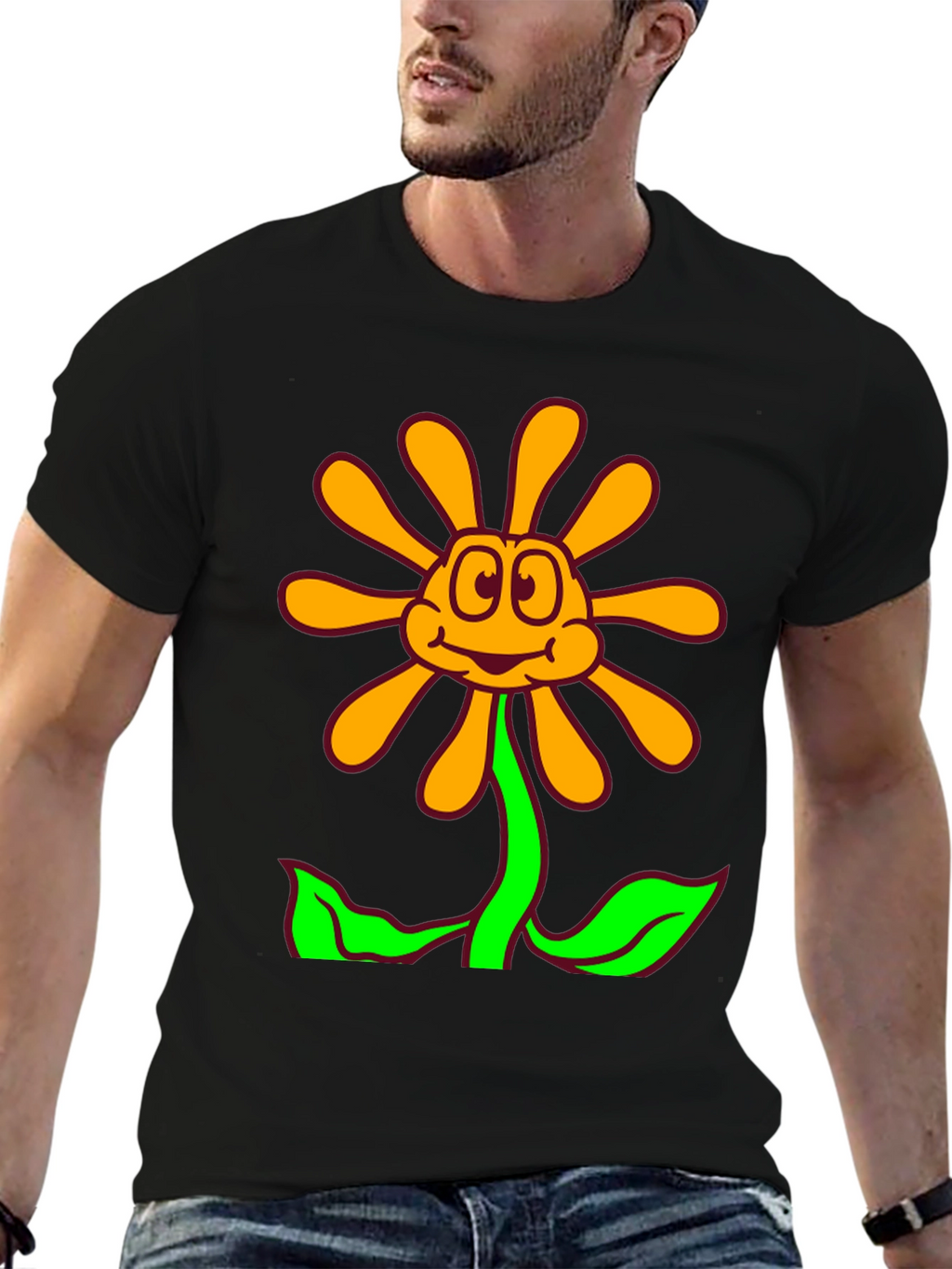 Cartoon Flower Graphic Black T-Shirt