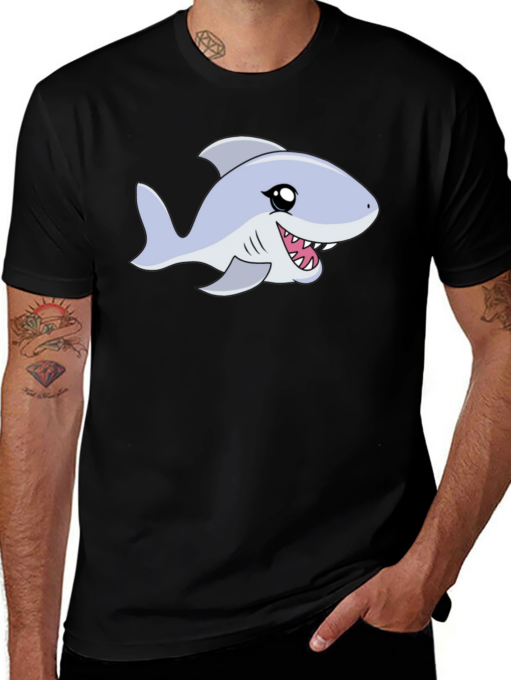 Cartoon Shark Graphic Tee - Black Casual Shirt