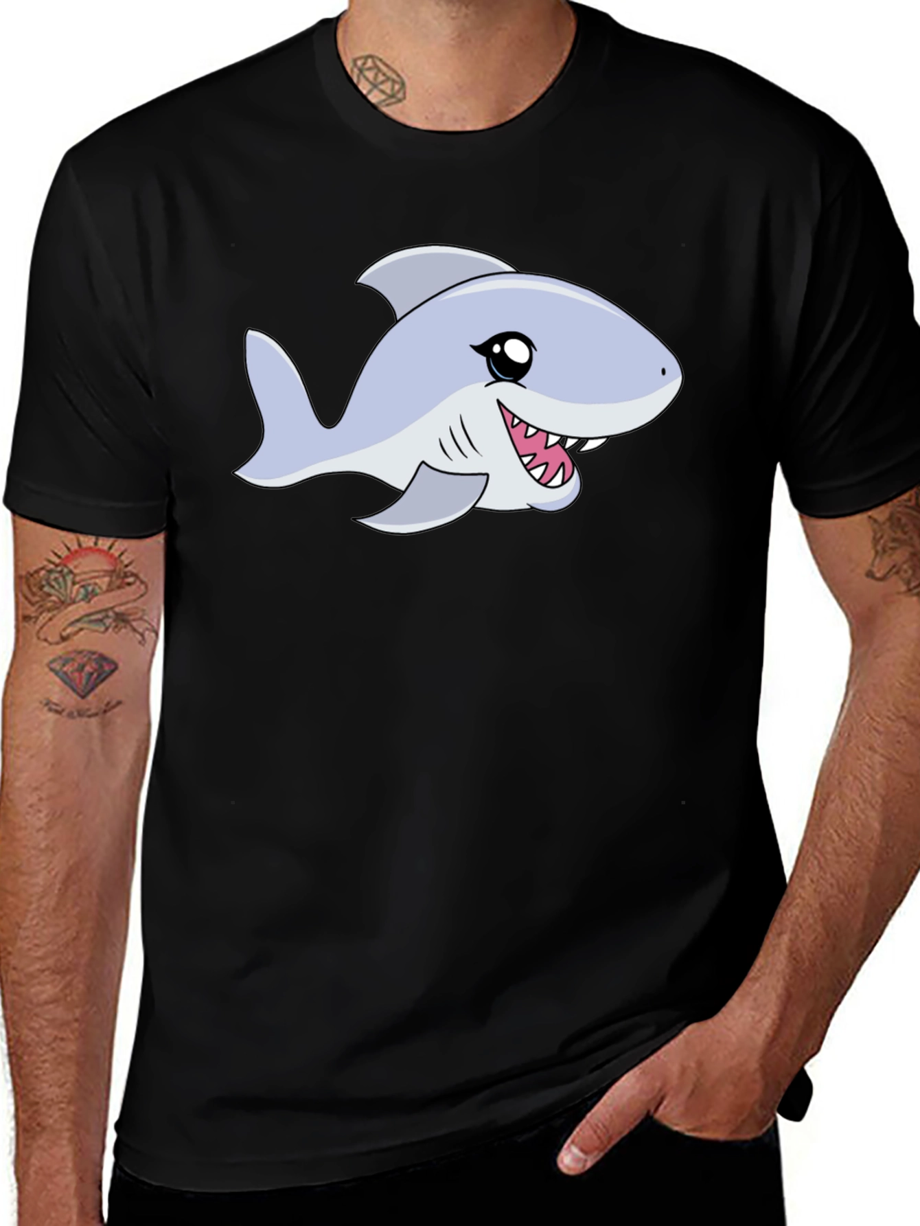 Cartoon Shark Graphic Tee - Black Casual Shirt