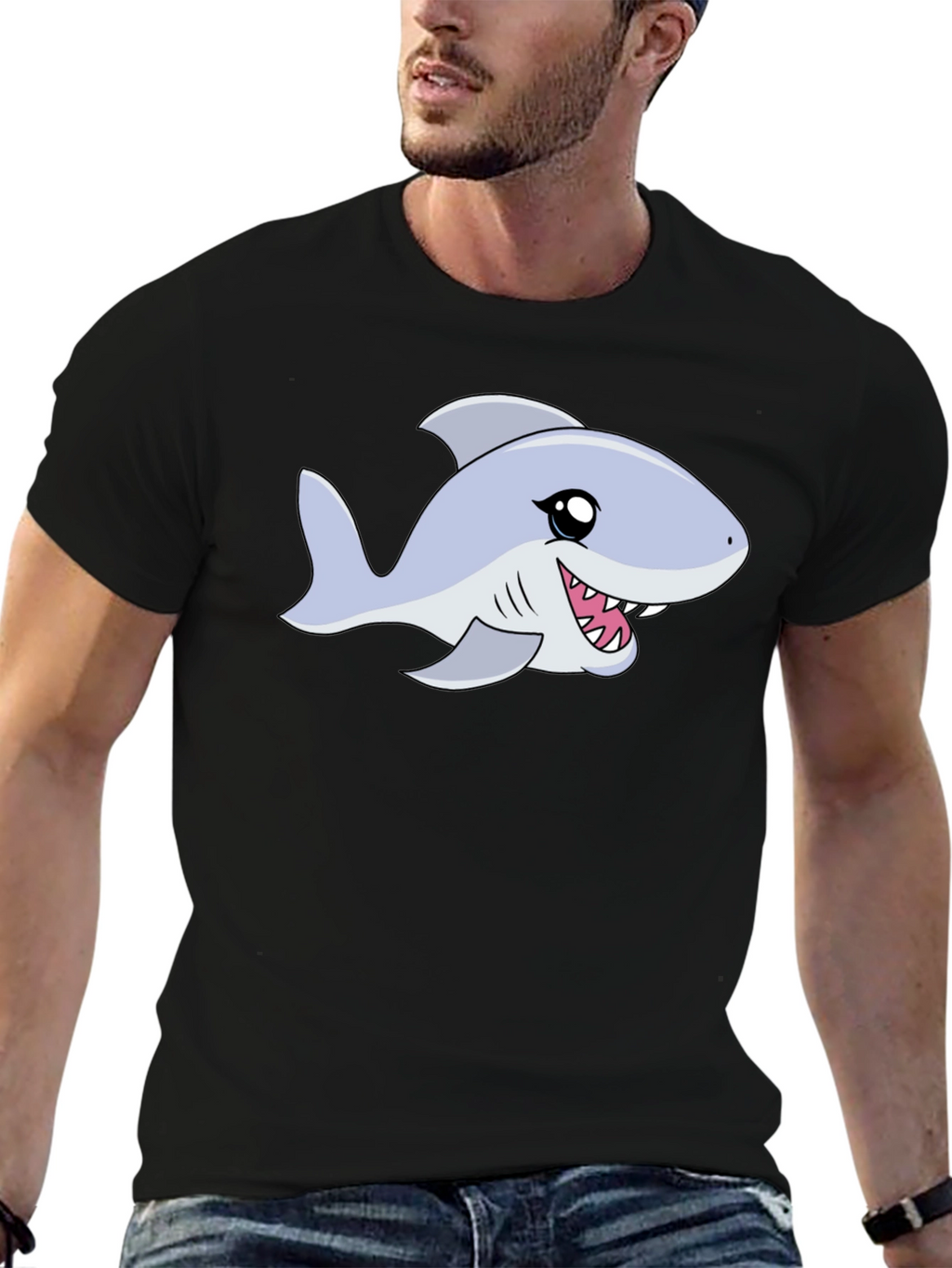 Cartoon Shark Graphic Tee - Black Casual Shirt