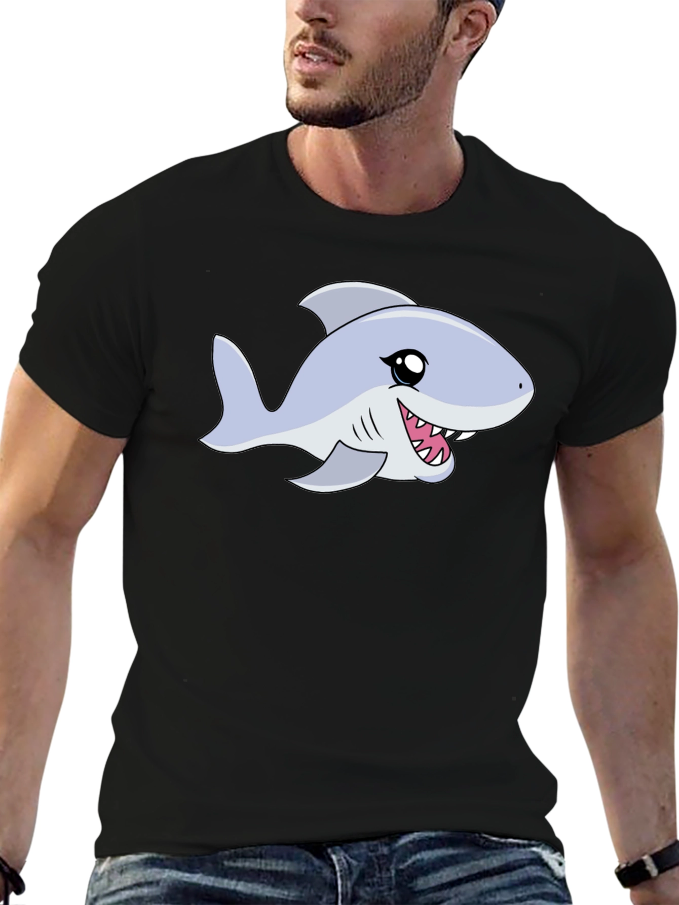 Cartoon Shark Graphic Tee - Black Casual Shirt