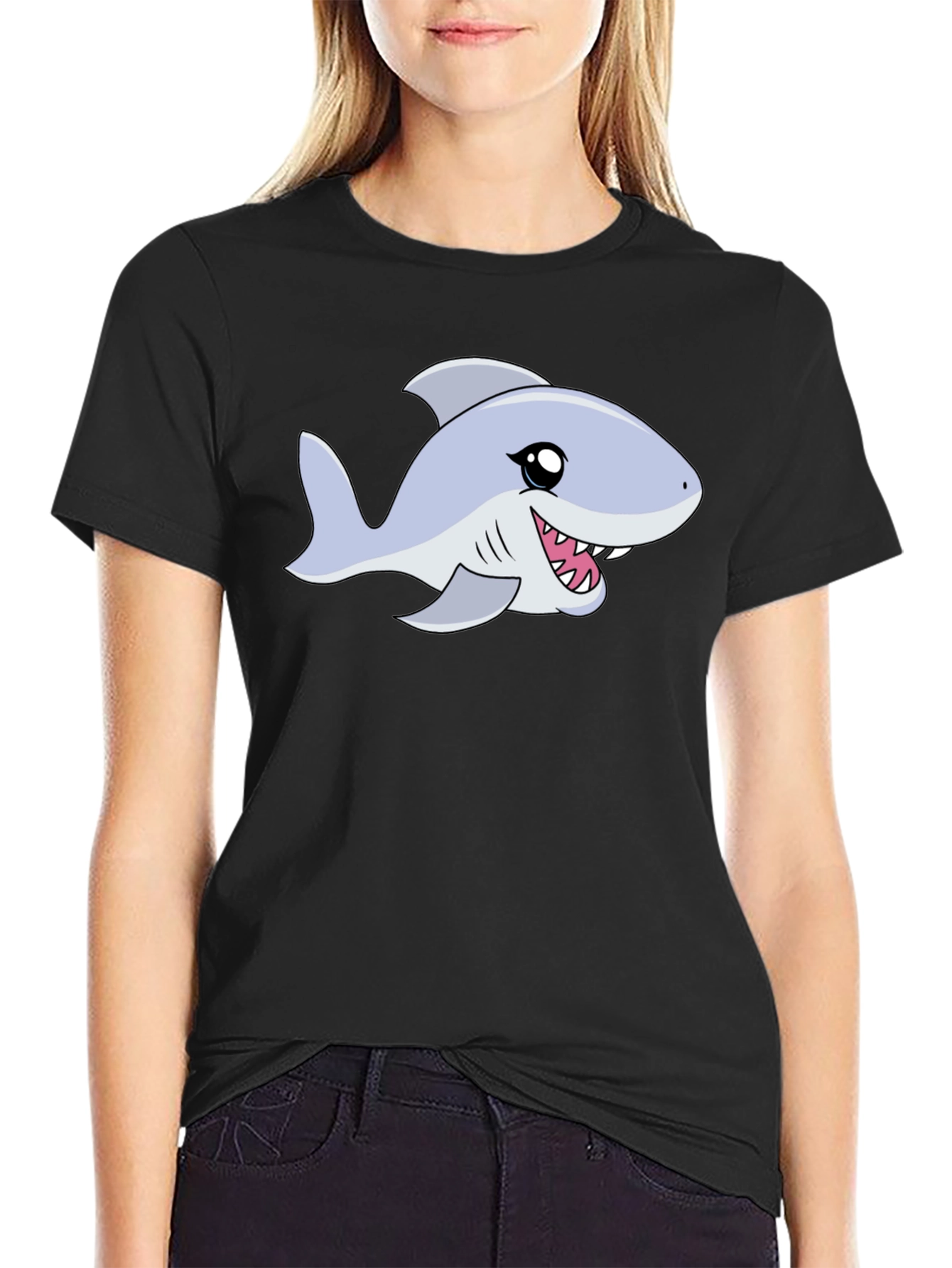 Cartoon Shark Graphic Tee - Black Casual Shirt