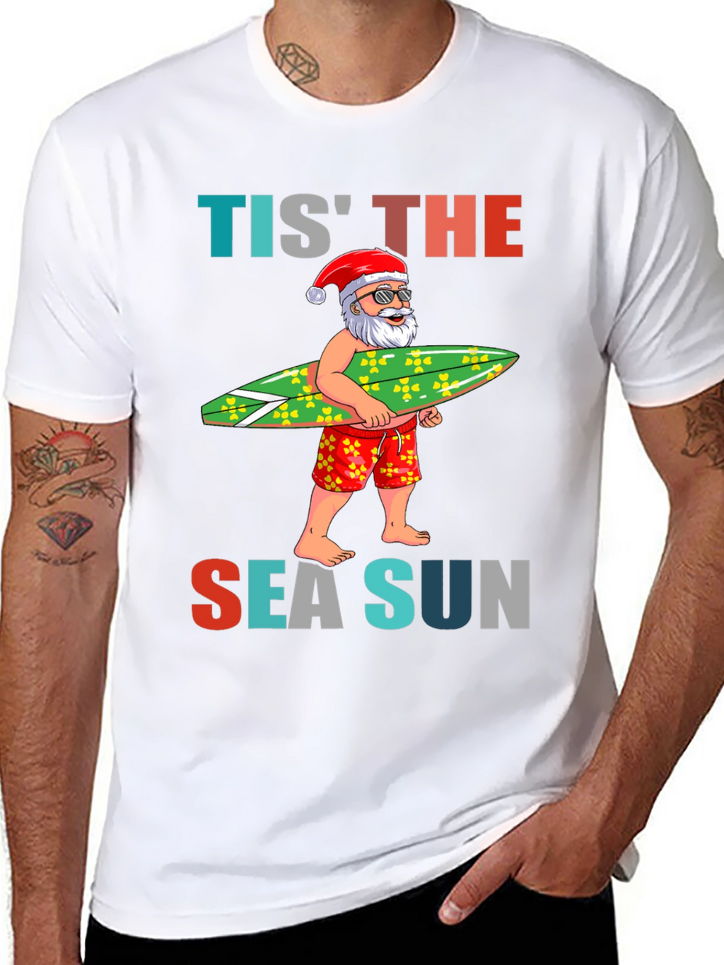 Tis The Sea Sun Santa Surfer T-Shirt