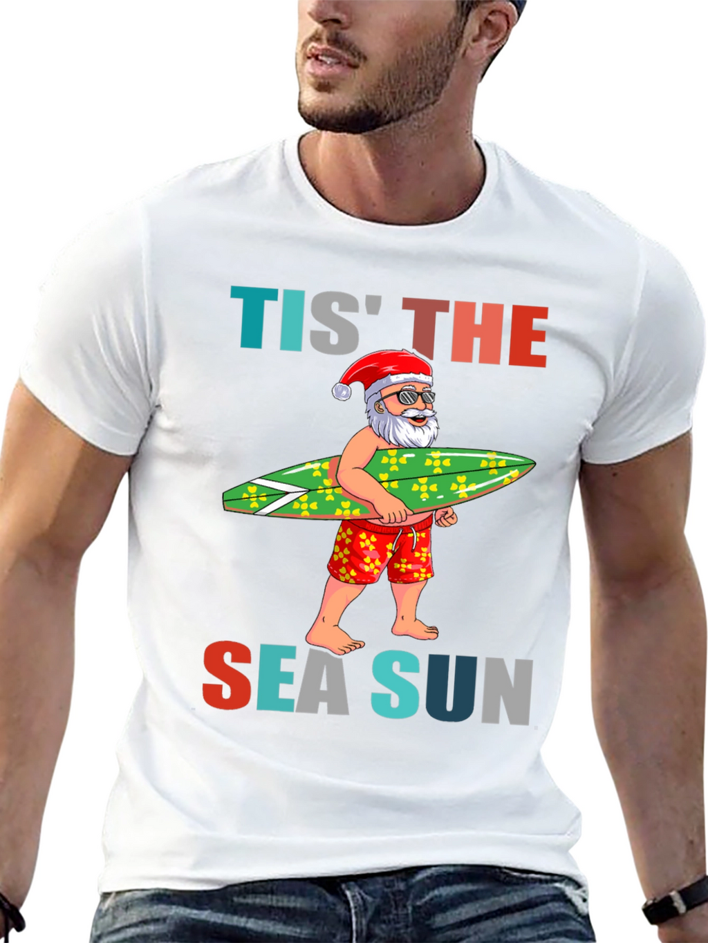 Tis The Sea Sun Santa Surfer T-Shirt