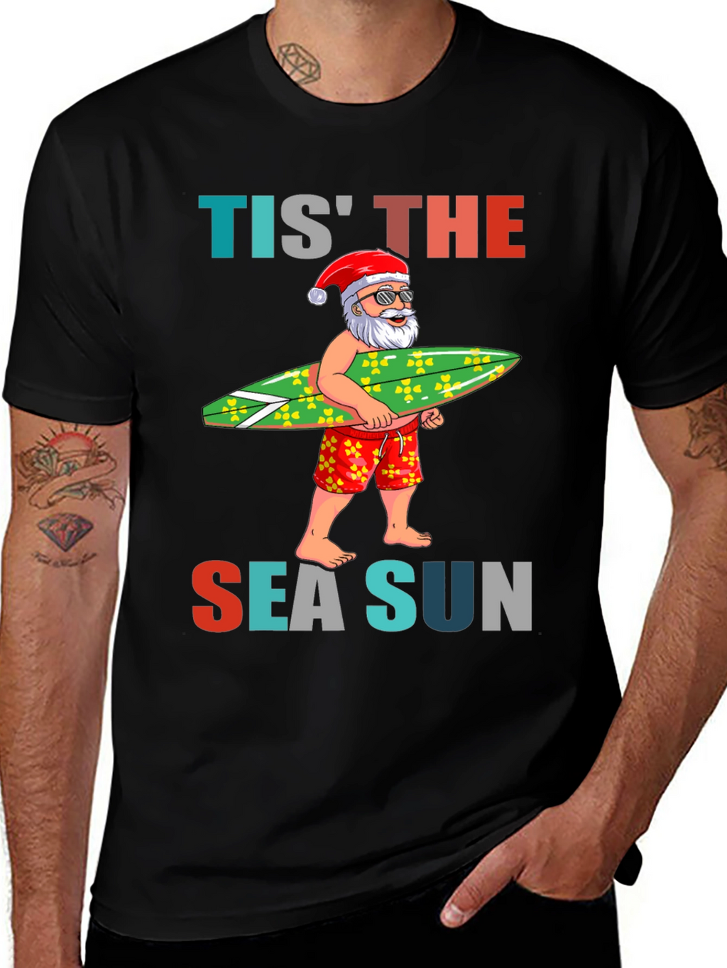 Tis The Sea Sun Santa Surfer T-Shirt