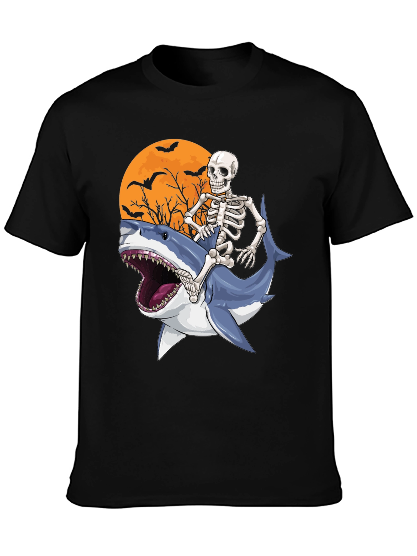Skeleton Riding Shark Graphic T-Shirt - Halloween Style