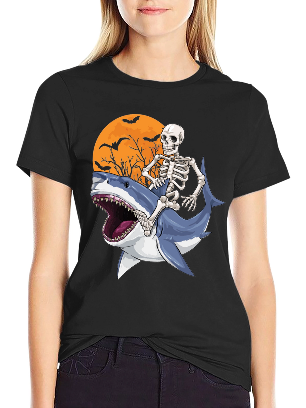 Skeleton Riding Shark Graphic T-Shirt - Halloween Style