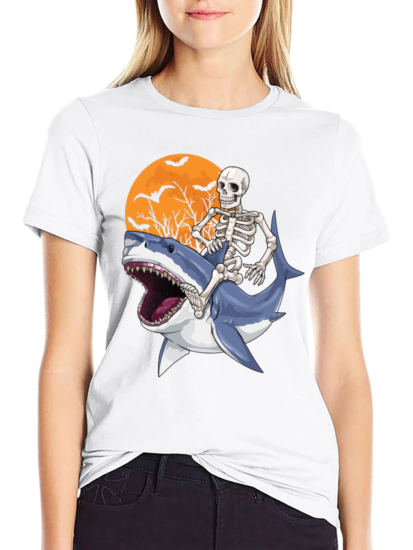 Skeleton Riding Shark Graphic T-Shirt - Halloween Style