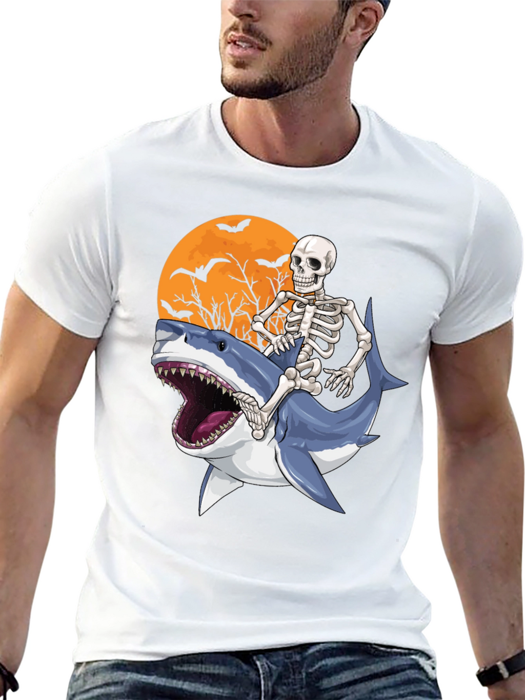 Skeleton Riding Shark Graphic T-Shirt - Halloween Style