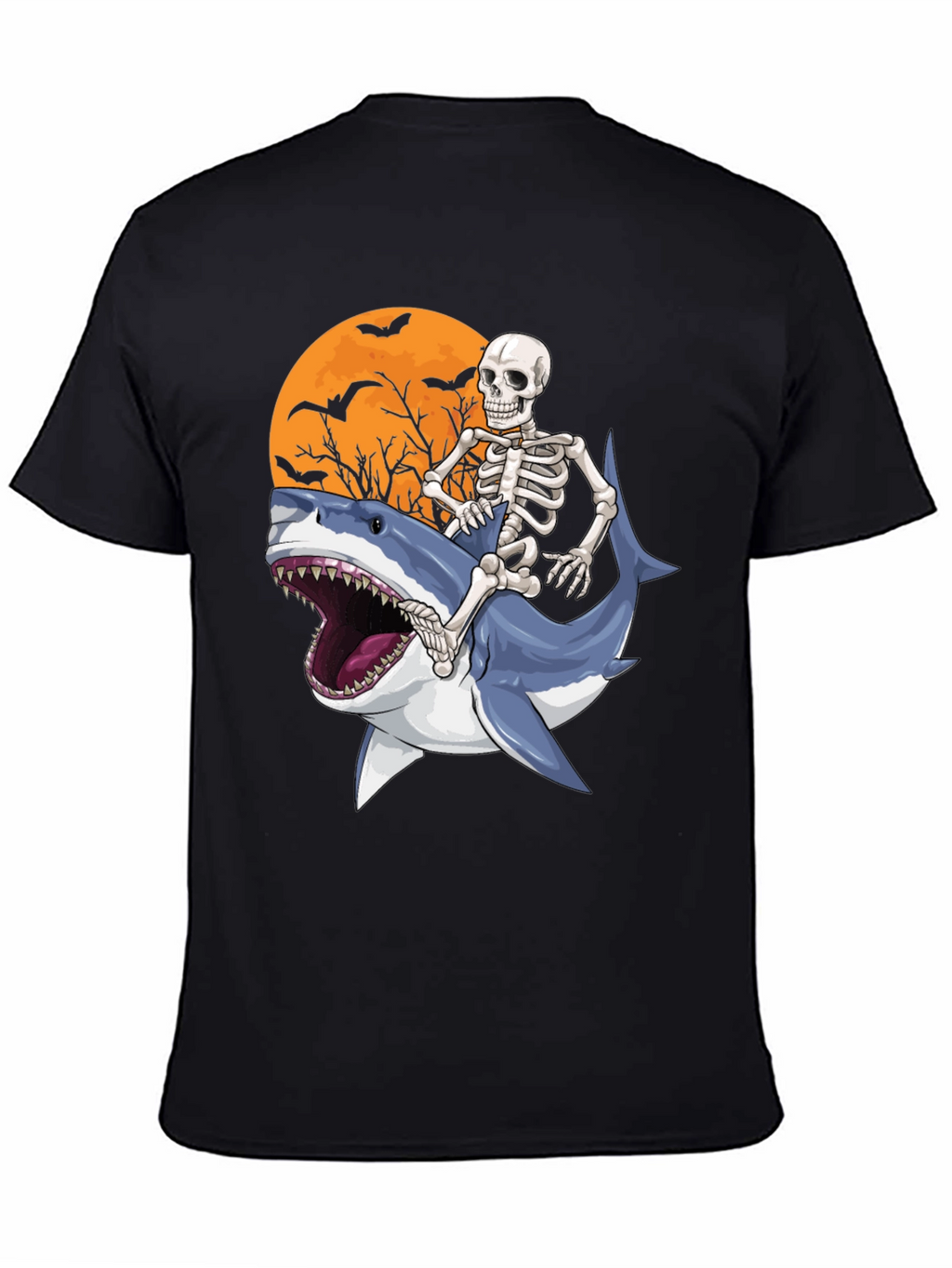 Skeleton Riding Shark Graphic T-Shirt - Halloween Style