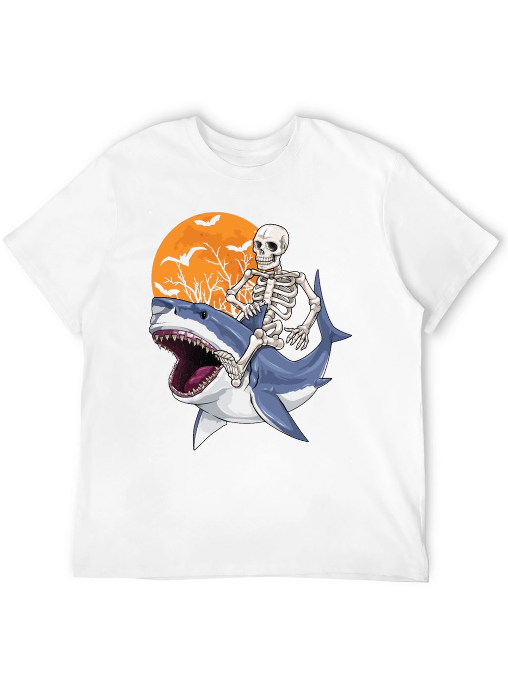 Skeleton Riding Shark Graphic T-Shirt - Halloween Style