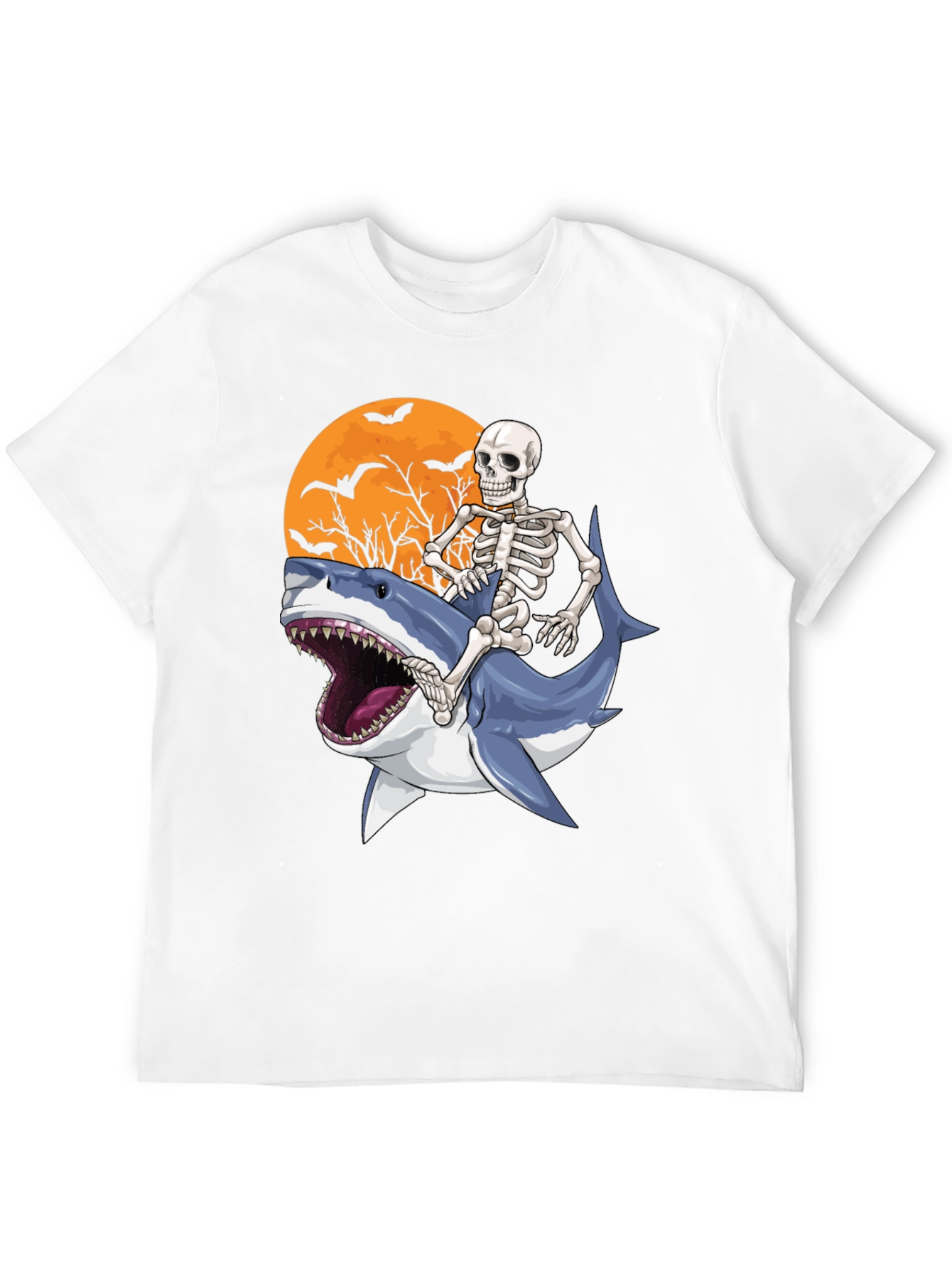 Skeleton Riding Shark Graphic T-Shirt - Halloween Style