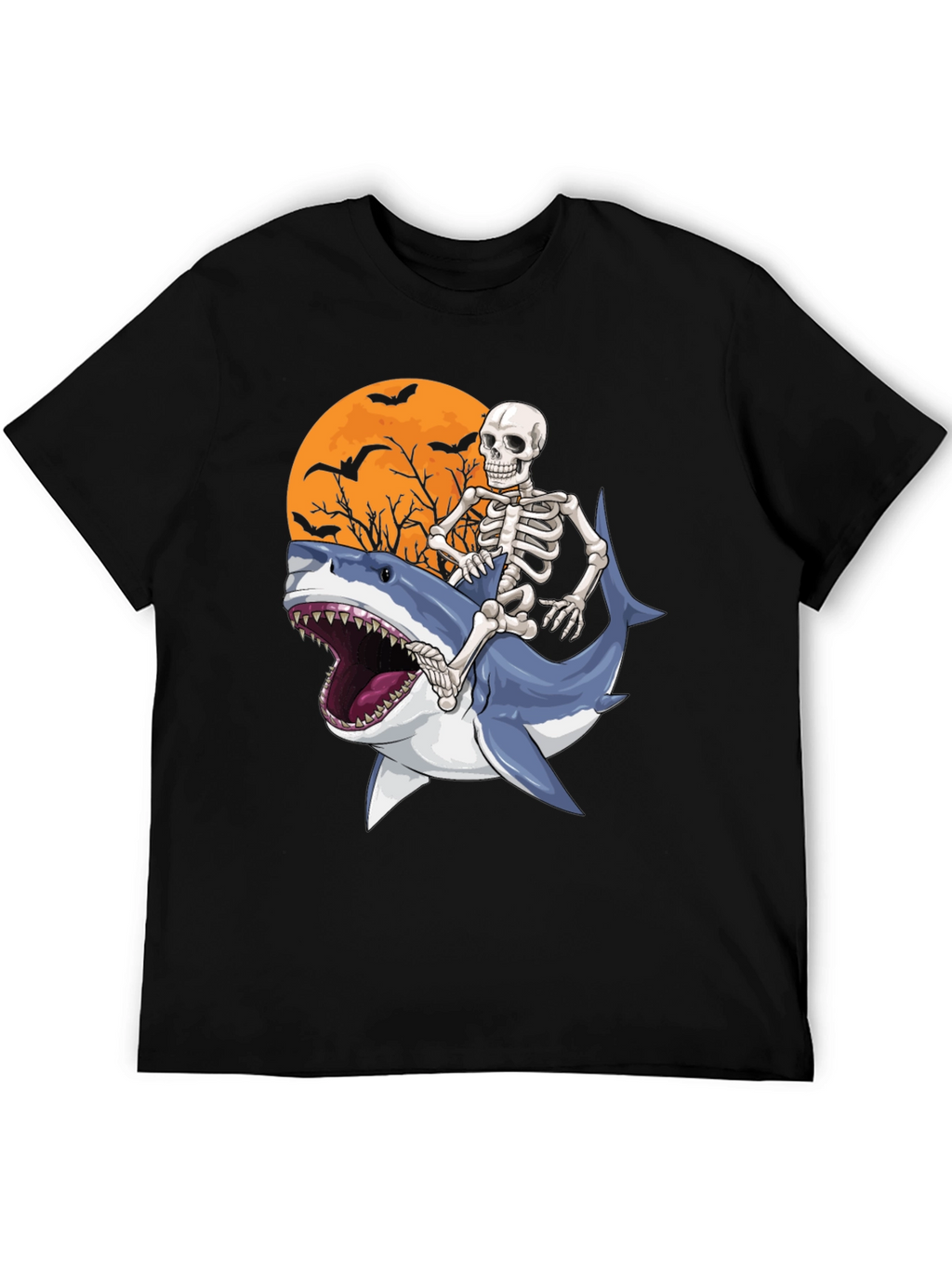 Skeleton Riding Shark Graphic T-Shirt - Halloween Style