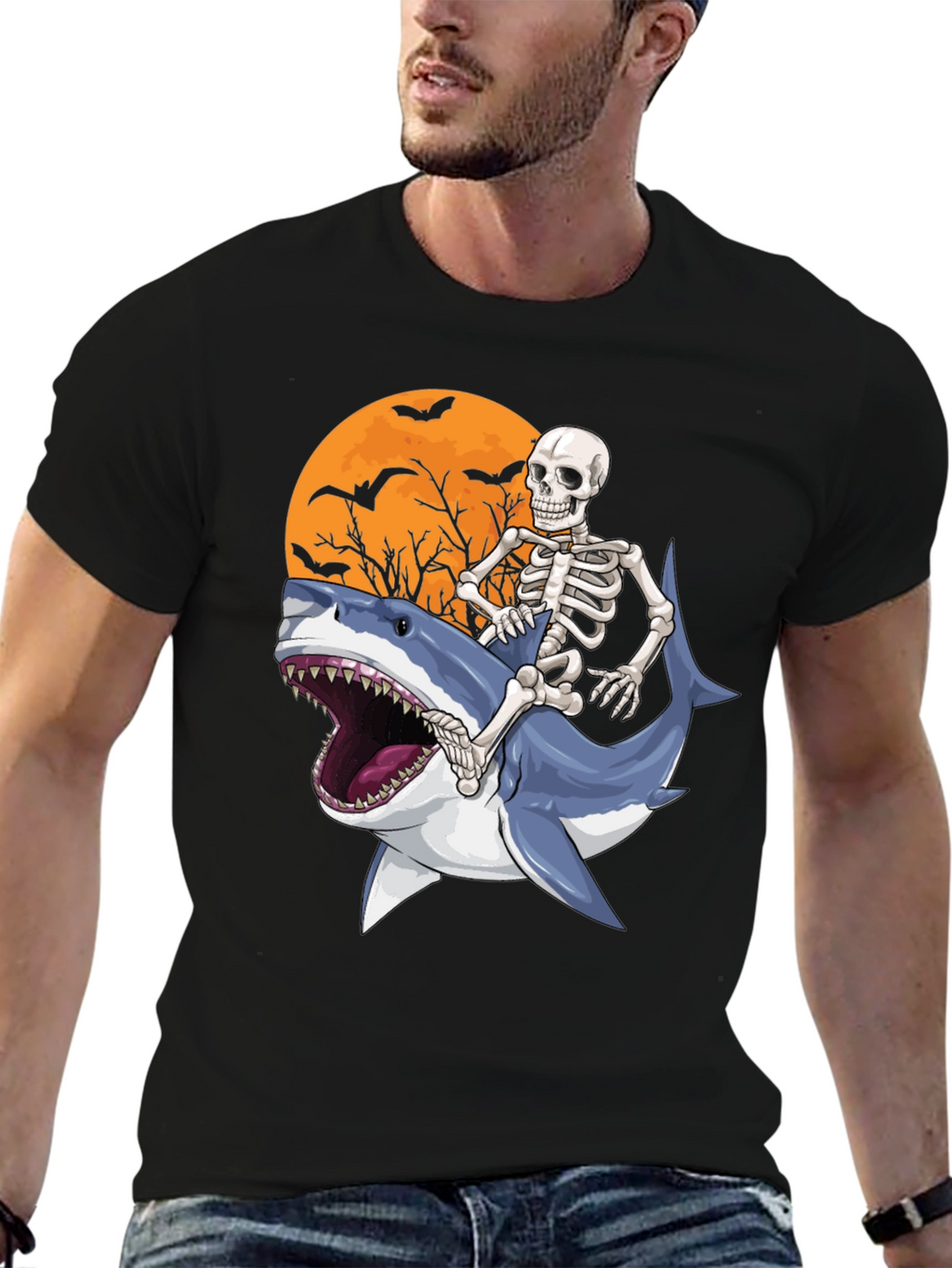 Skeleton Riding Shark Graphic T-Shirt - Halloween Style