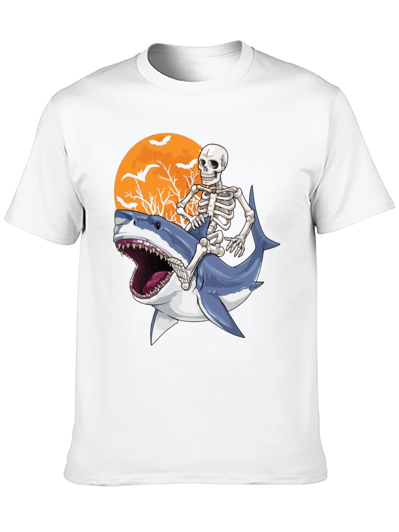 Skeleton Riding Shark Graphic T-Shirt - Halloween Style
