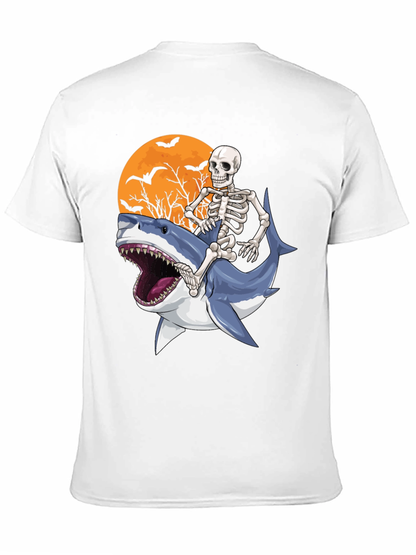 Skeleton Riding Shark Graphic T-Shirt - Halloween Style