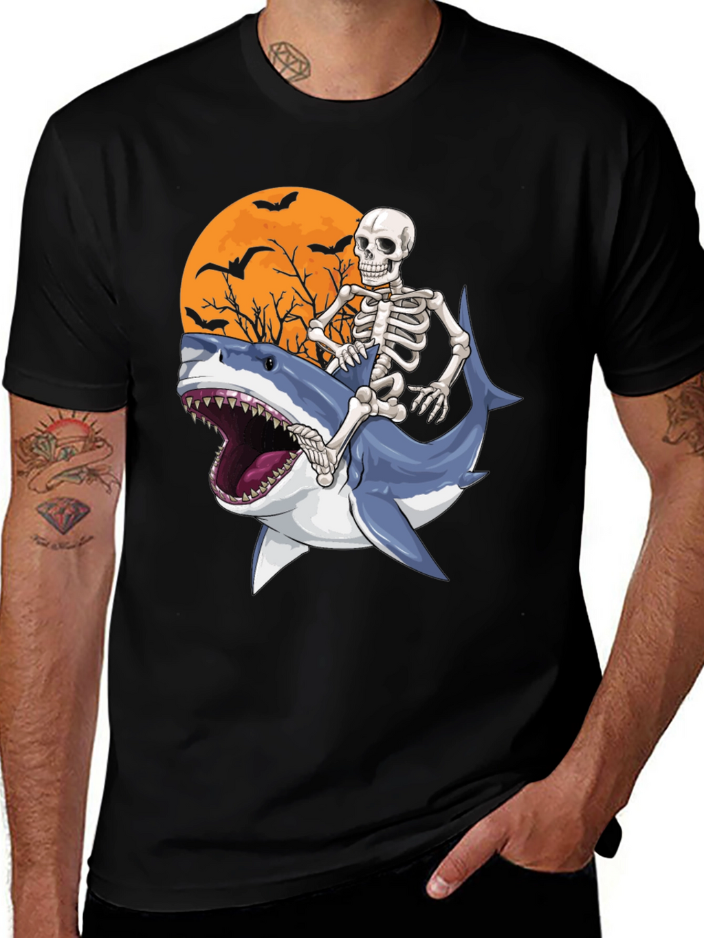 Skeleton Riding Shark Graphic T-Shirt - Halloween Style