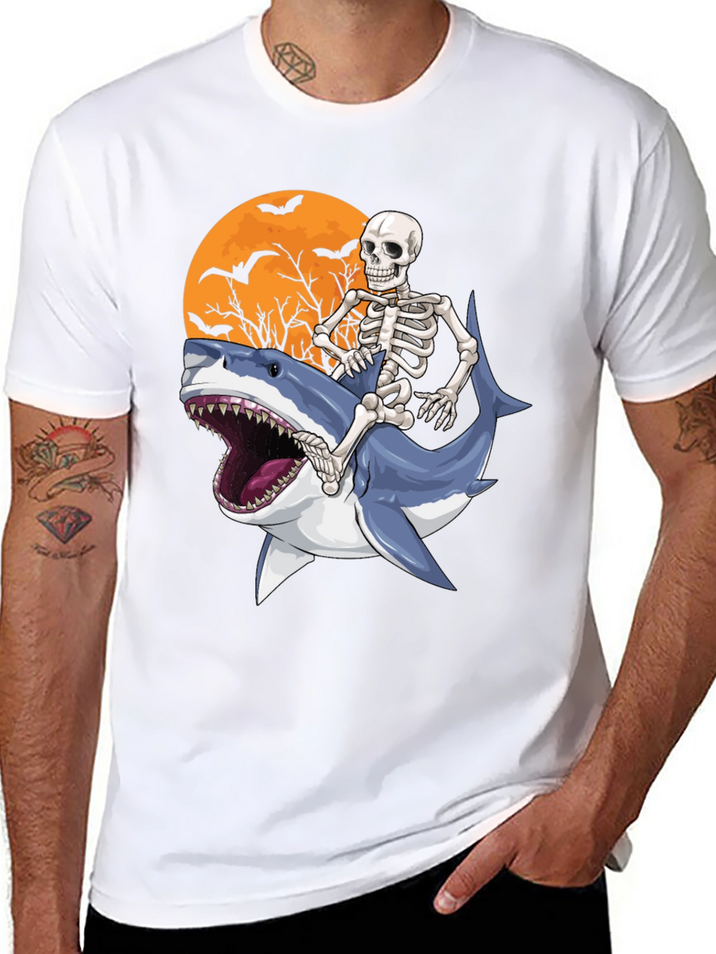 Skeleton Riding Shark Graphic T-Shirt - Halloween Style