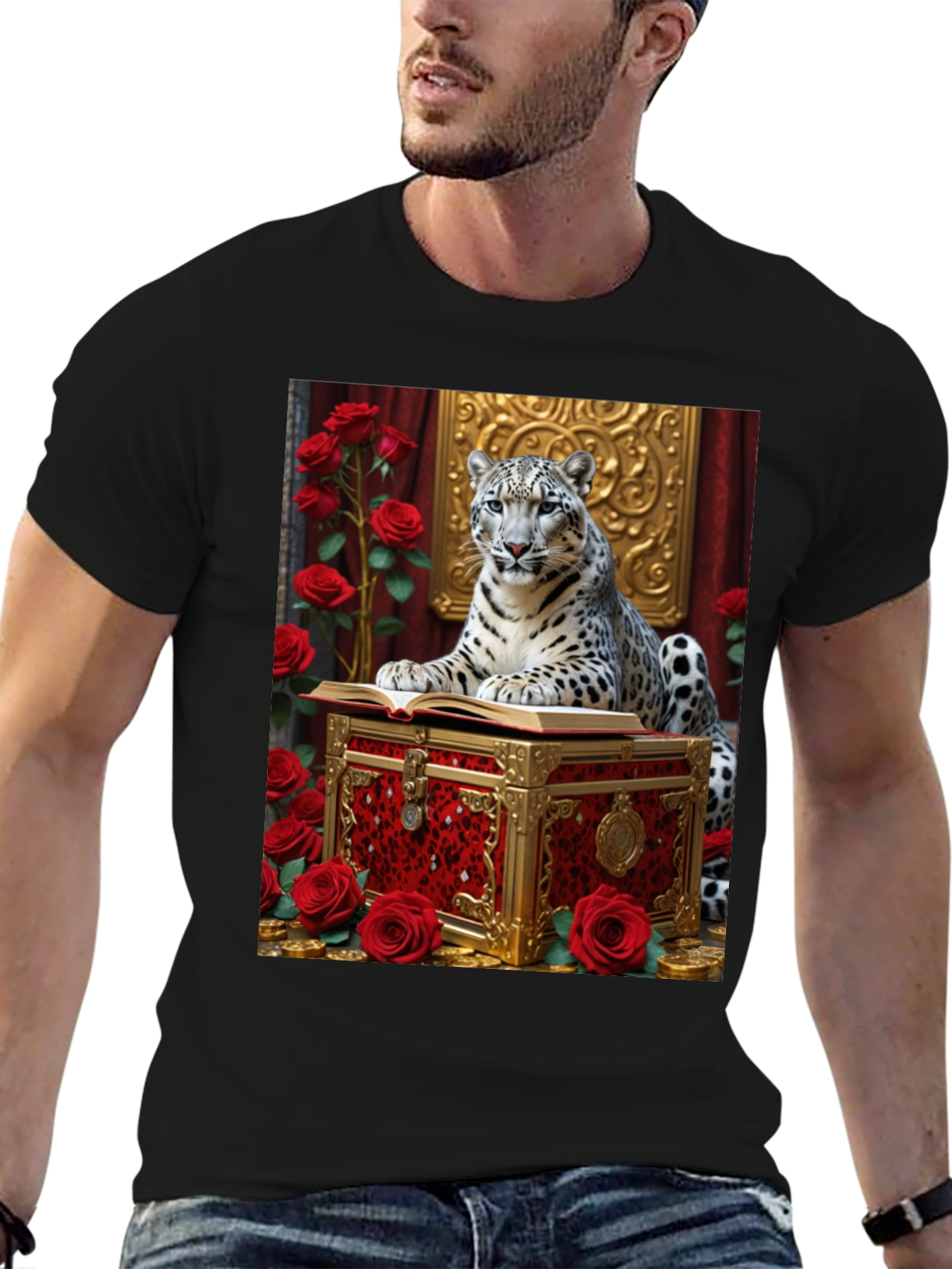 Snow Leopard Roses Chest Black Graphic Tee