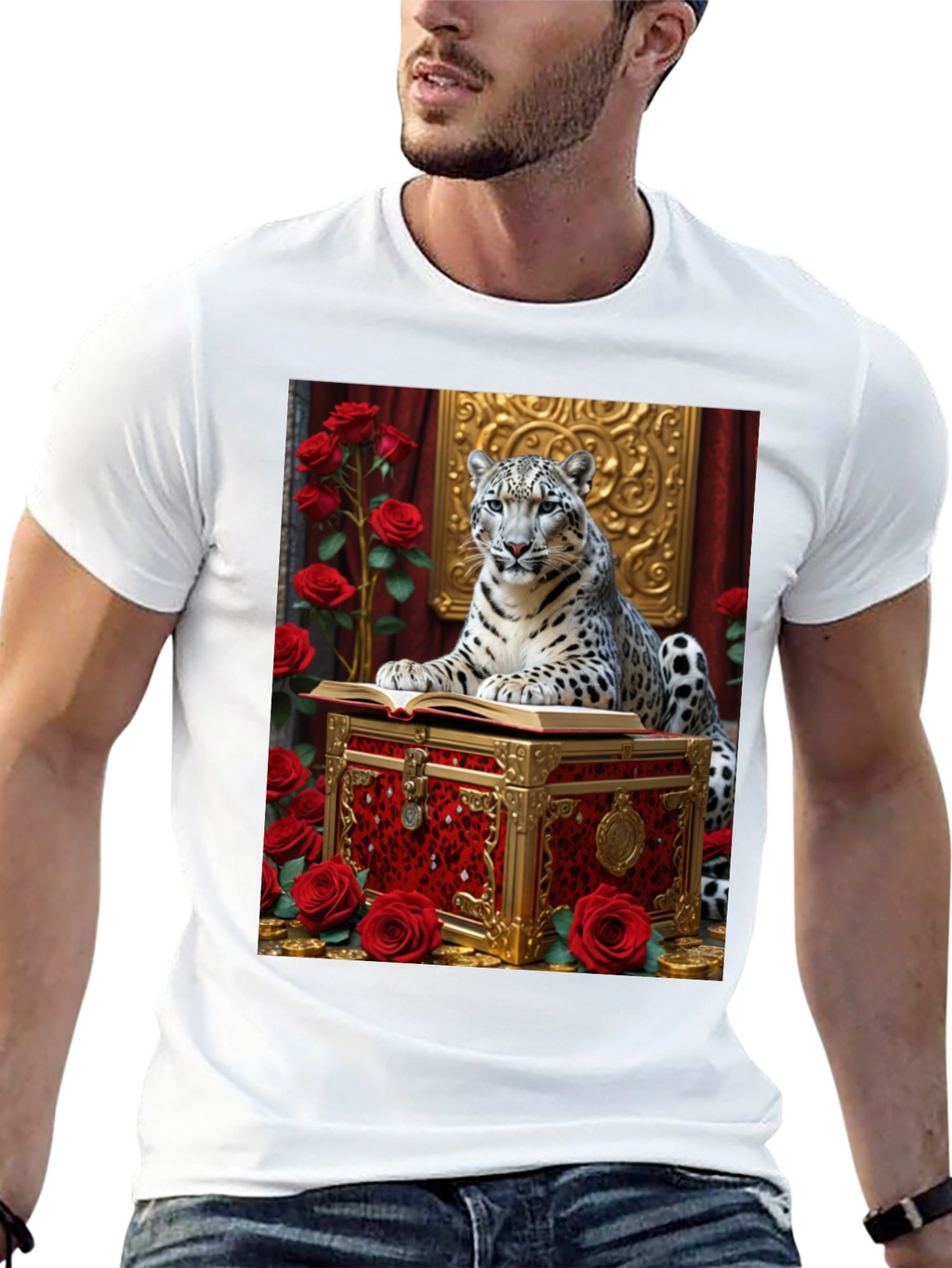 Snow Leopard Roses Chest Black Graphic Tee