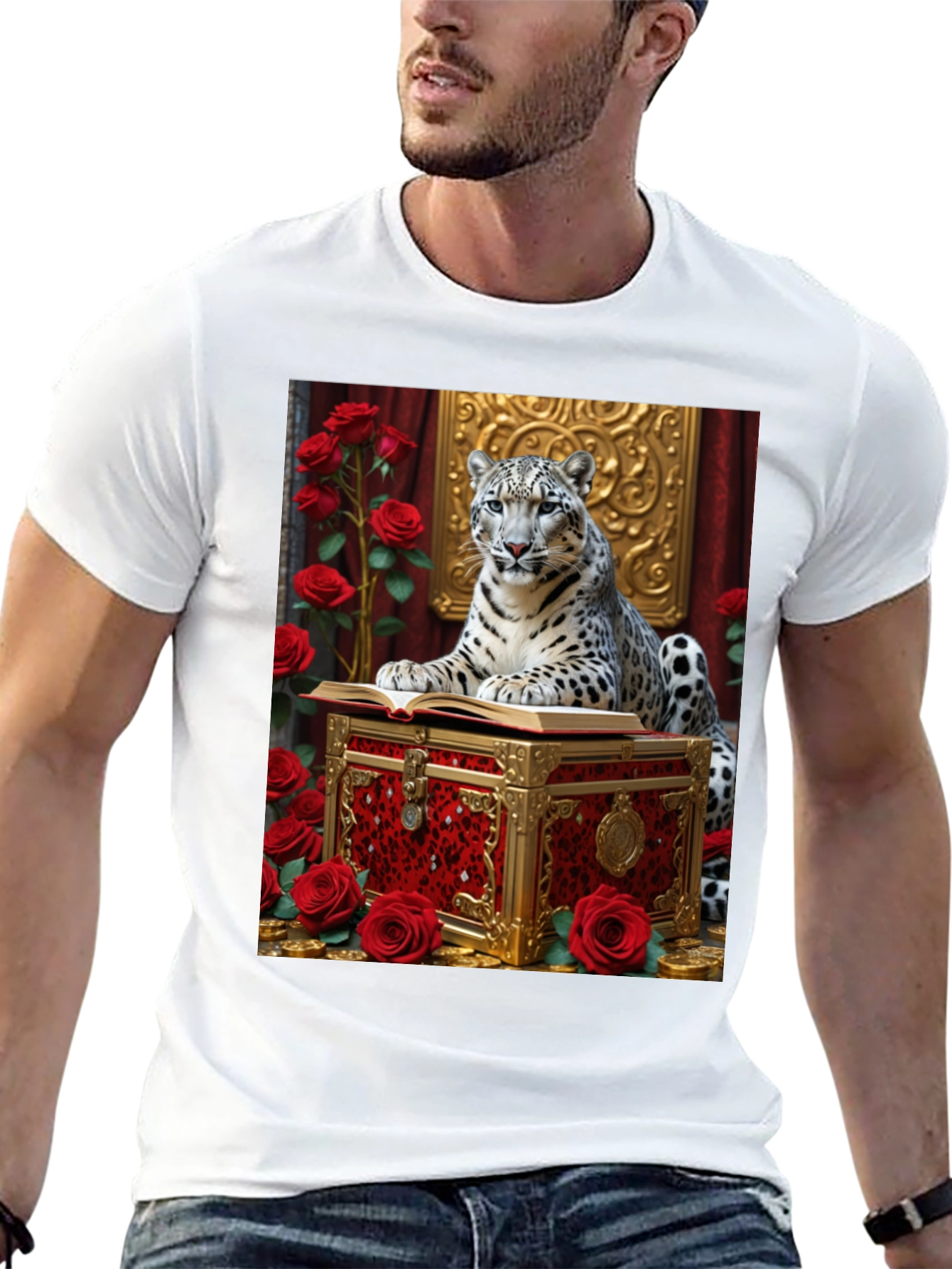 Snow Leopard Roses Chest Black Graphic Tee