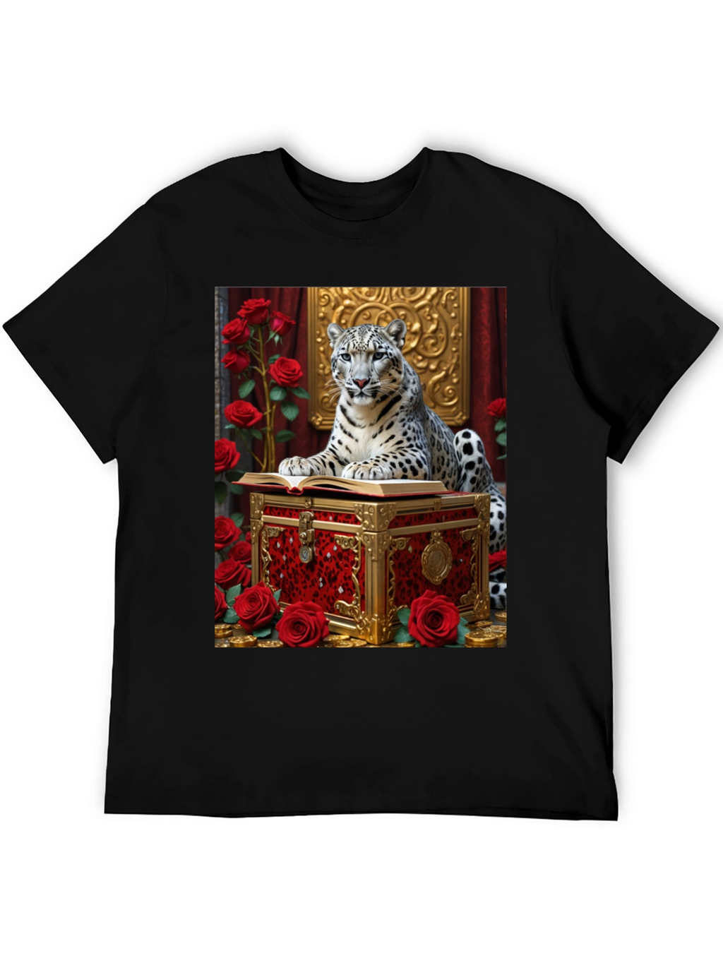 Snow Leopard Roses Chest Black Graphic Tee