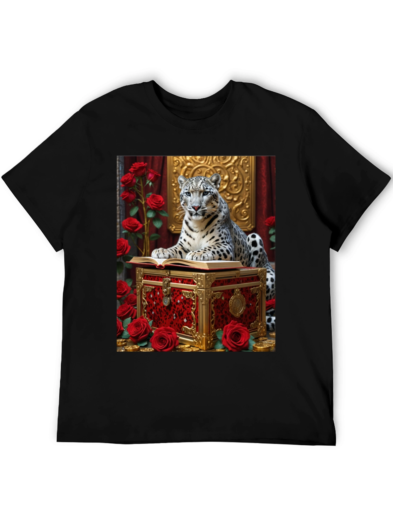 Snow Leopard Roses Chest Black Graphic Tee