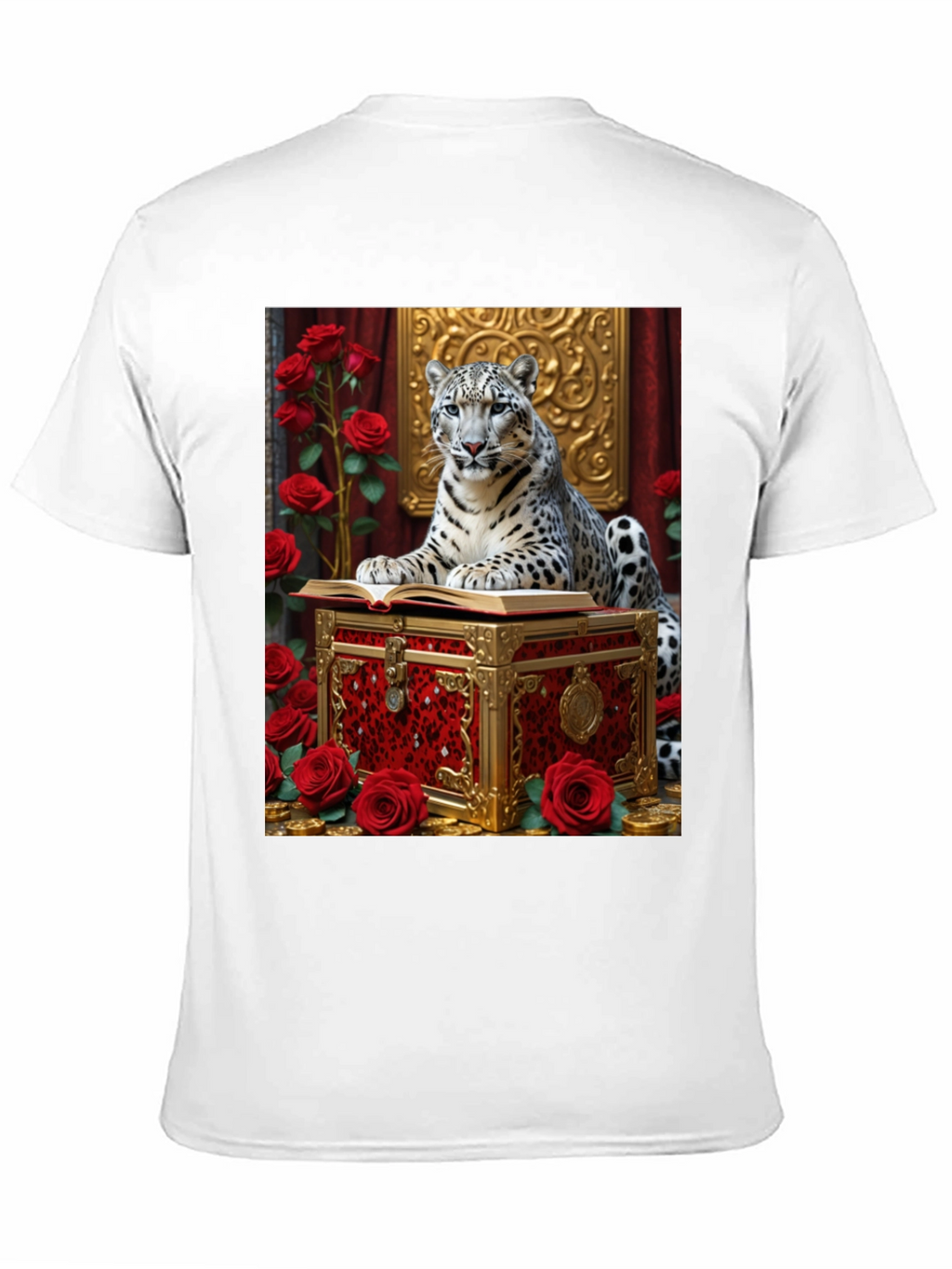 Snow Leopard Roses Chest Black Graphic Tee