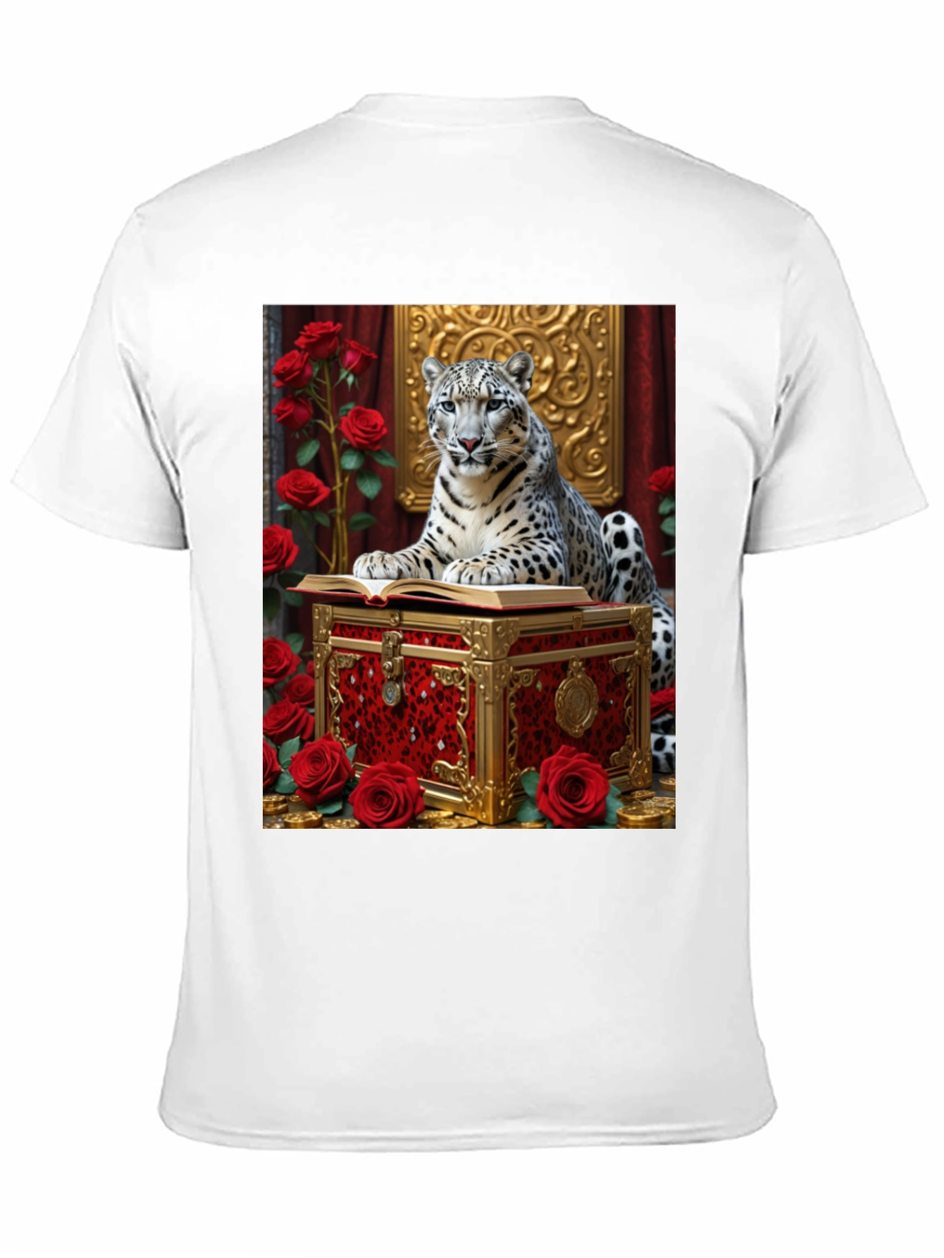 Snow Leopard Roses Chest Black Graphic Tee