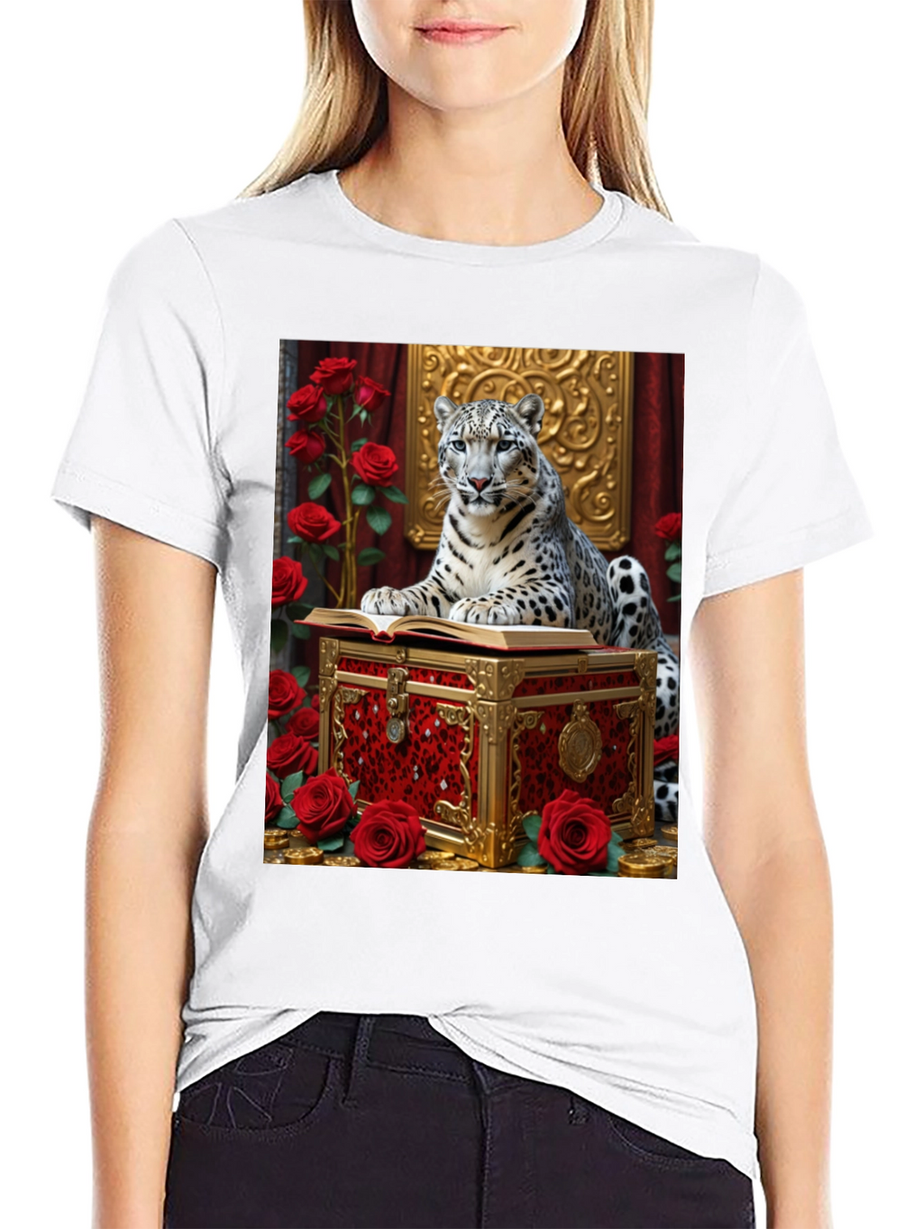Snow Leopard Roses Chest Black Graphic Tee