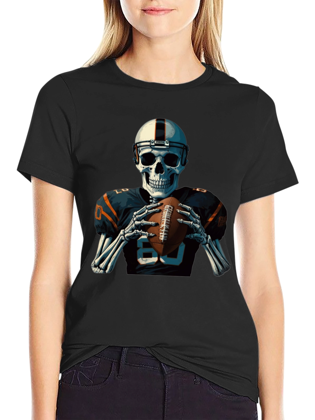 Skeleton Football Player Graphic T-Shirt
