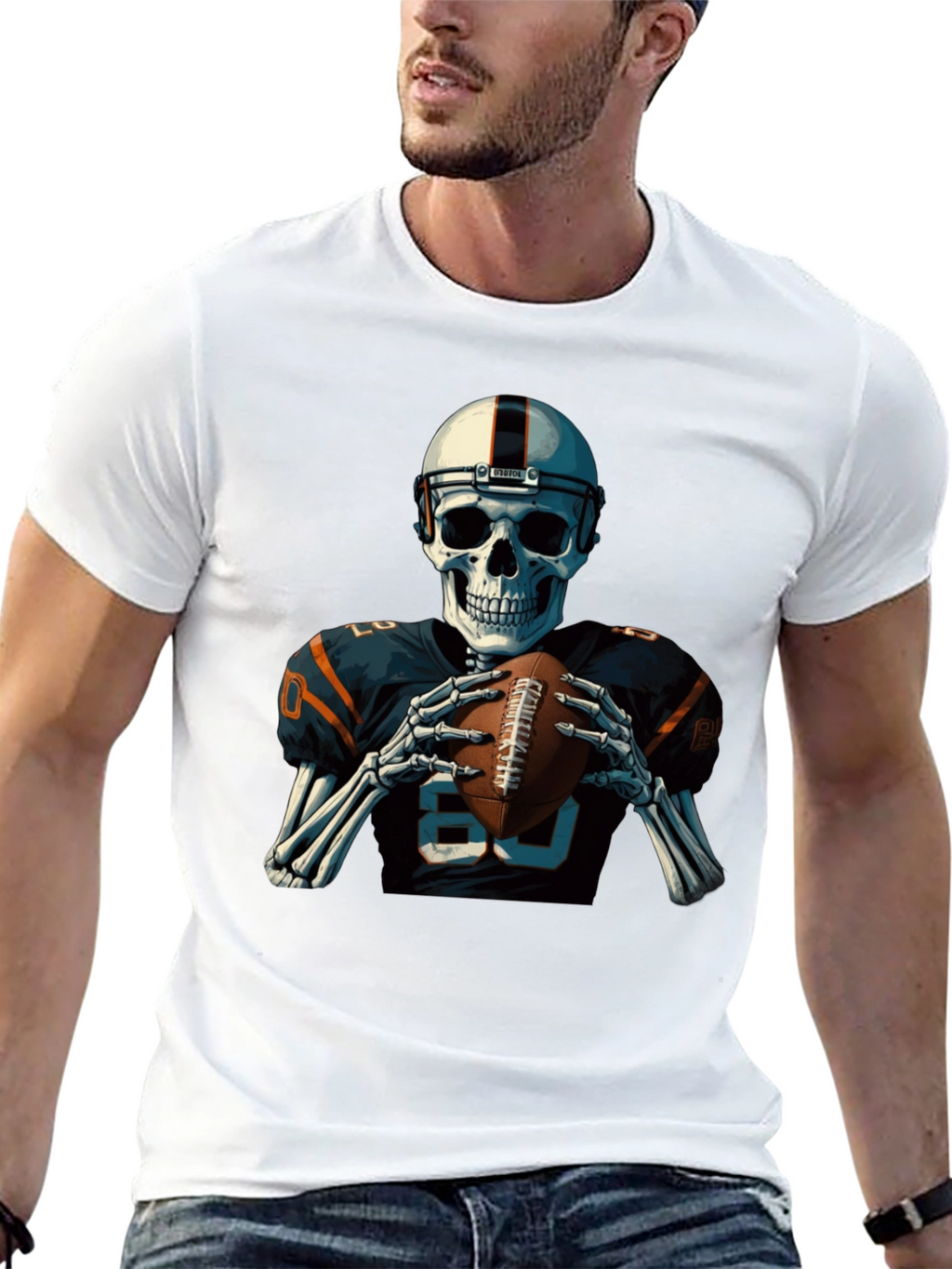 Skeleton Football Player Graphic T-Shirt