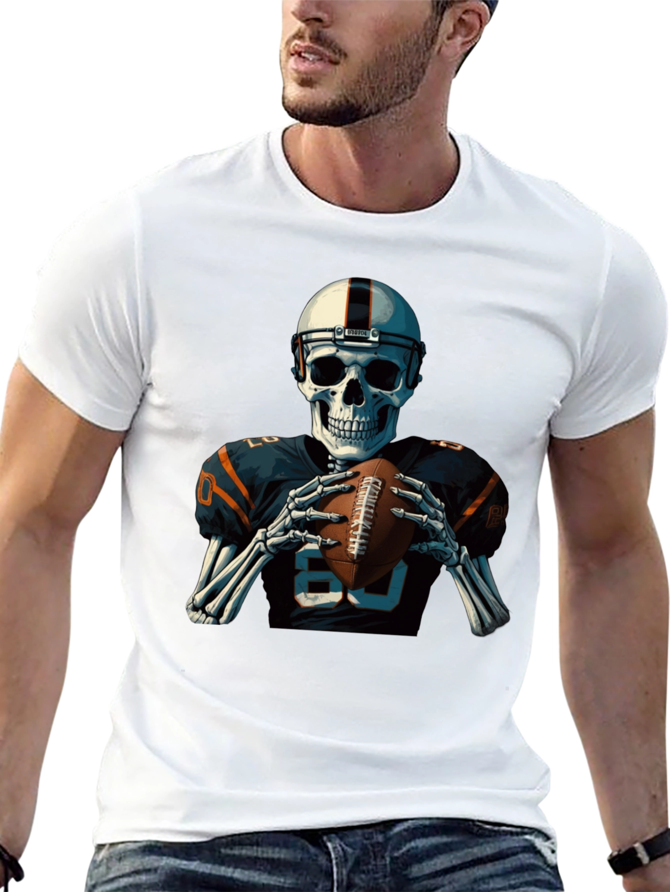 Skeleton Football Player Graphic T-Shirt