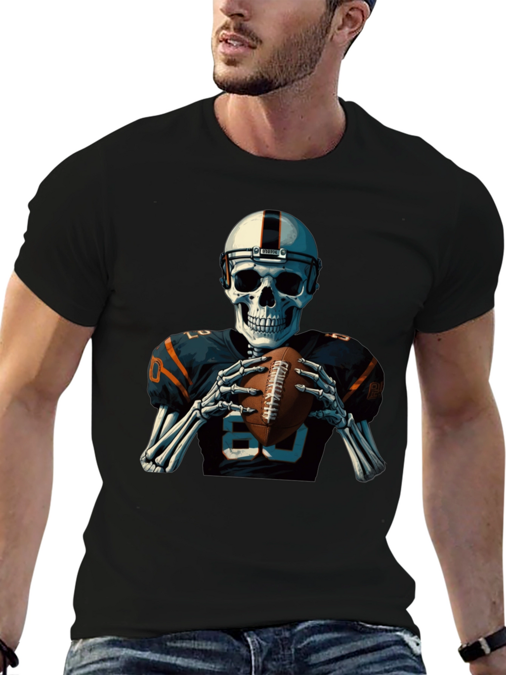 Skeleton Football Player Graphic T-Shirt