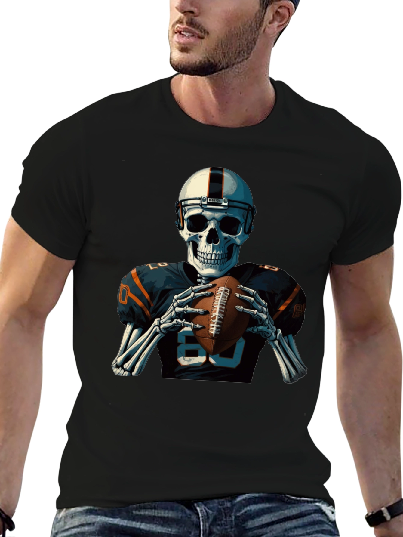 Skeleton Football Player Graphic T-Shirt