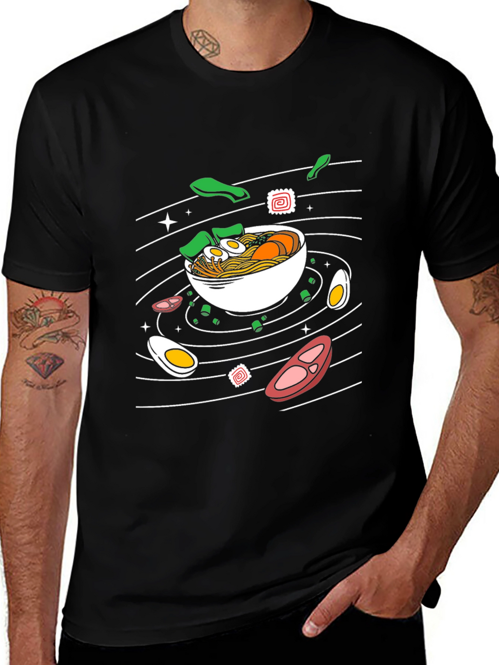 Ramen Noodles Graphic Print Black T-Shirt