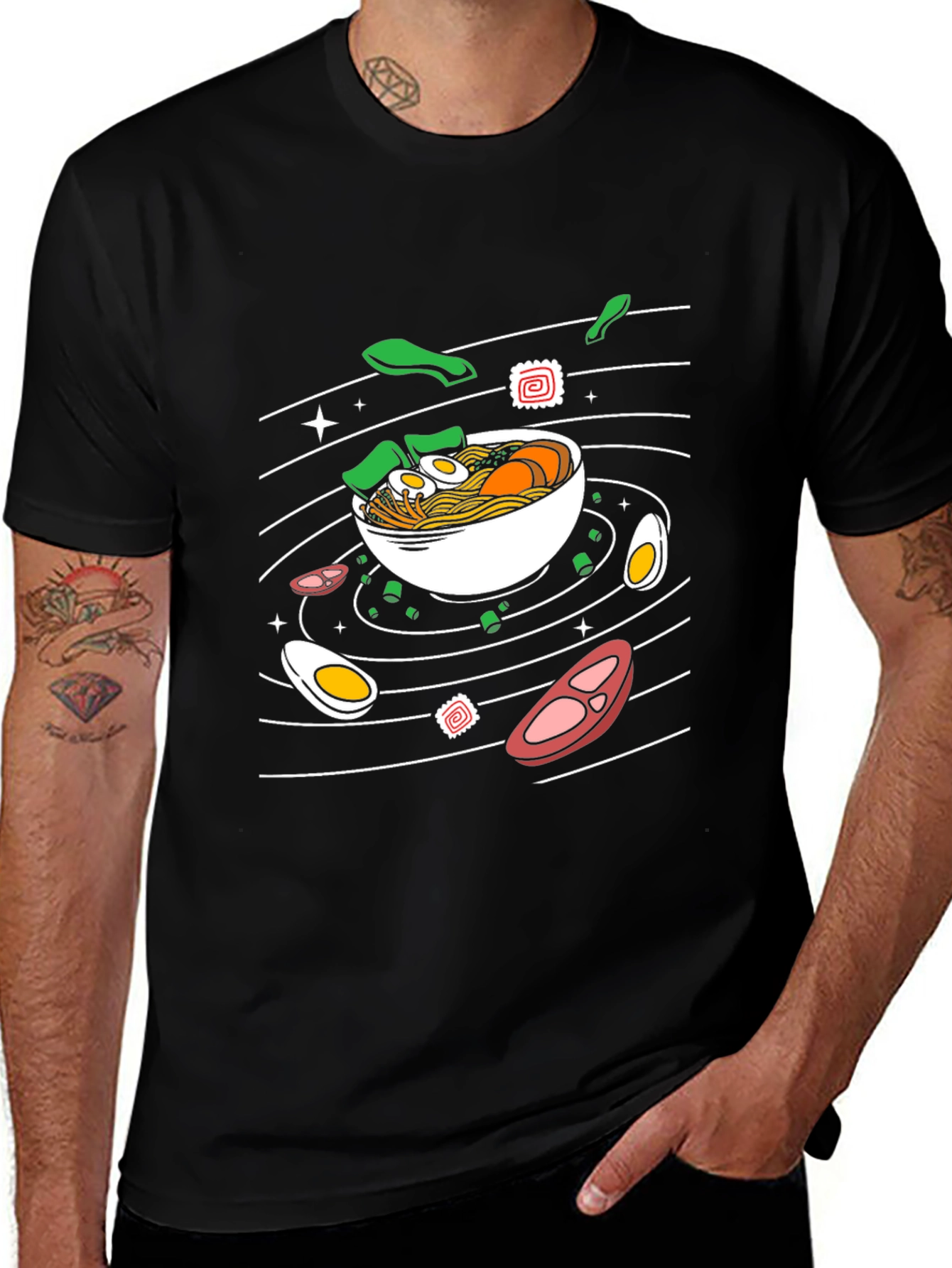 Ramen Noodles Graphic Print Black T-Shirt
