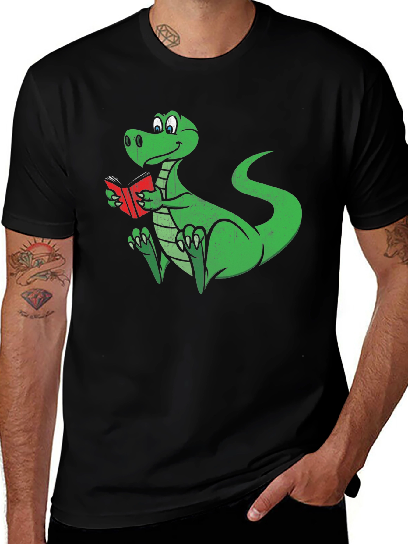 Dino Reading T-Shirt - Black Cotton Graphic Tee