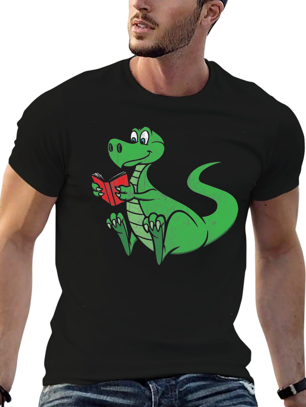 Dino Reading T-Shirt - Black Cotton Graphic Tee
